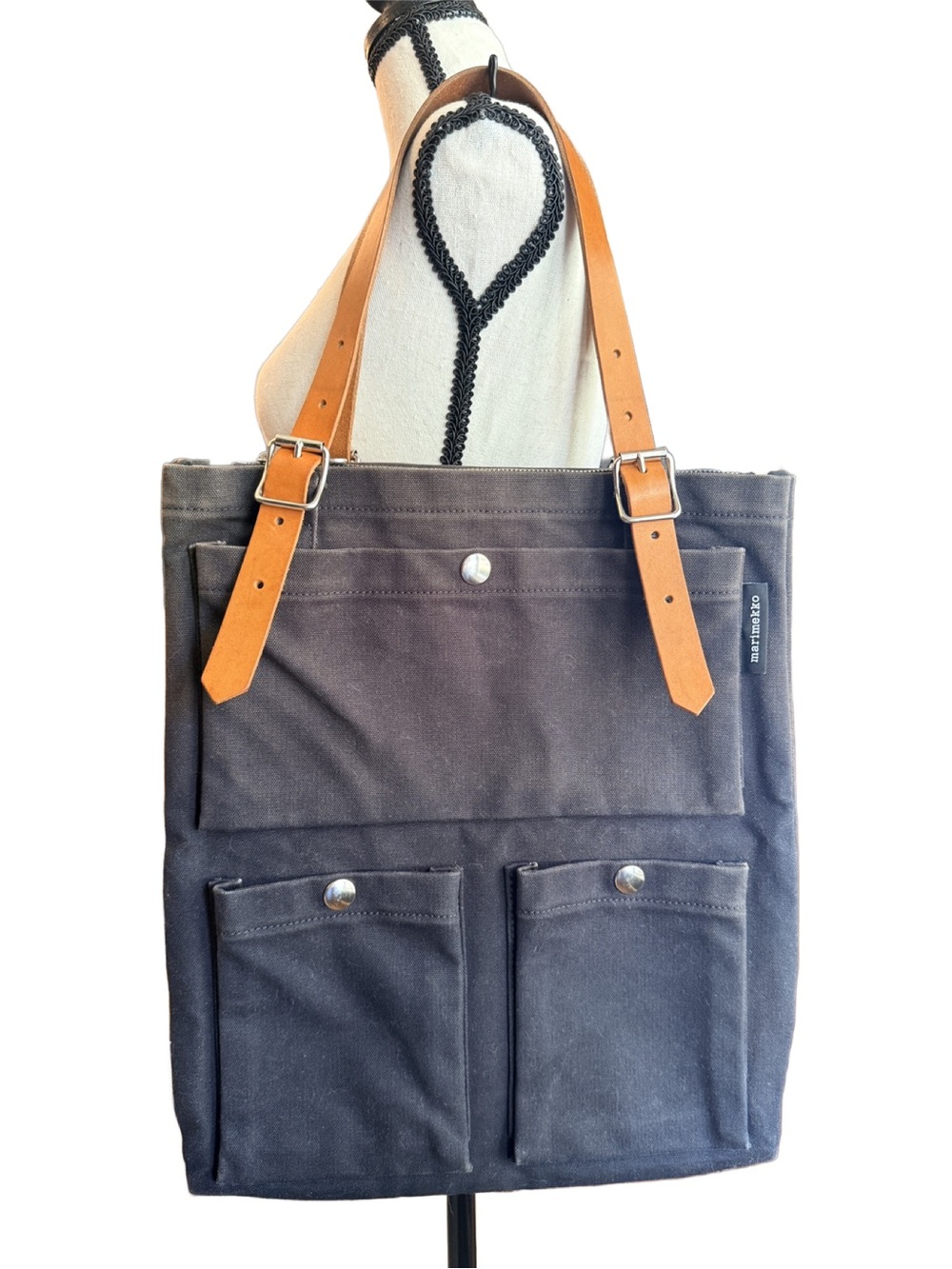 Marimekko Utility 3 Pocket Black Canvas Shoulder Tote with Tan Leather Straps